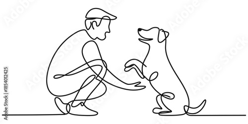 A person interacts playfully with a dog, captured in a minimalist single line drawing