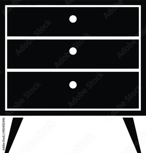 Minimalist black silhouette icon of a modern chest of drawers with three compartments