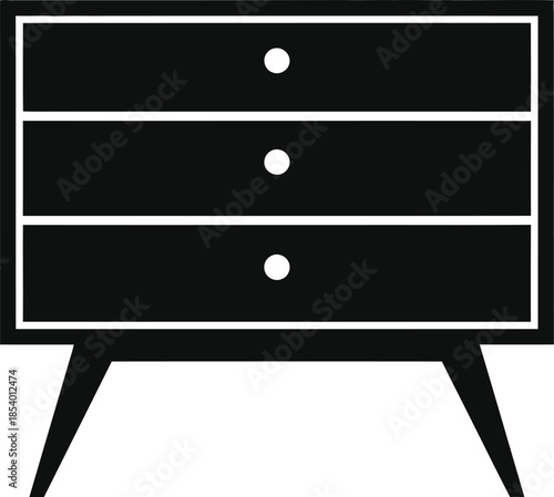 Minimalist black dresser icon with three drawers and stylish angled legs