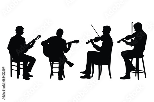 Silhouettes of musicians playing guitars and violins in a musical ensemble