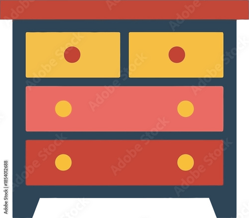 Colorful wooden chest of drawers with various colored compartments and distinct knobs