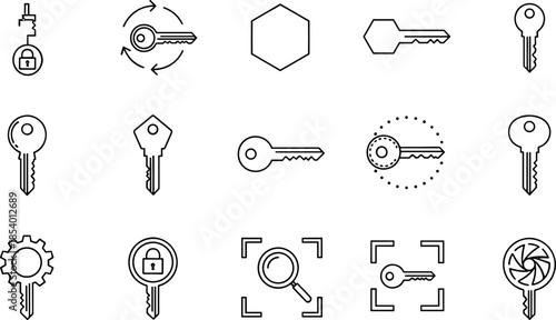 Key and access thin line icons set featuring security, password, encryption, authentication, safety, and digital or physical lock outline symbols for interface design