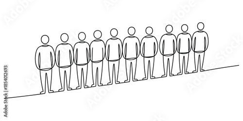 Continuous line drawing of ten people standing in a row on an upward sloping line