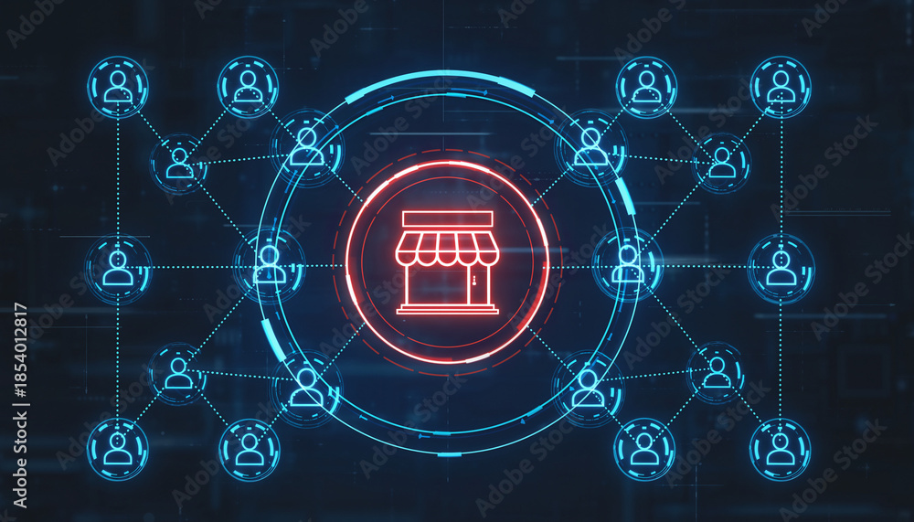 Fototapeta premium A visually captivating network, with an inviting storefront at its core, symbolizes interconnectedness and community. representing the modern landscape of commerce and social engagement.