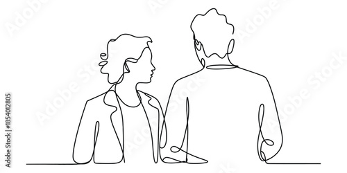 A continuous line art drawing illustrating a man and a woman in a moment of connection and contemplation