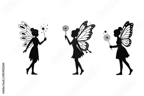 Delicate silhouettes of three whimsical fairies with dandelion wishes