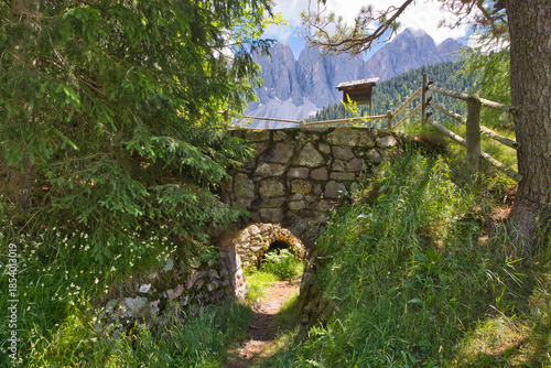 Access to a historic and restored lime kiln on the Zanser Alm in South Tyrol.