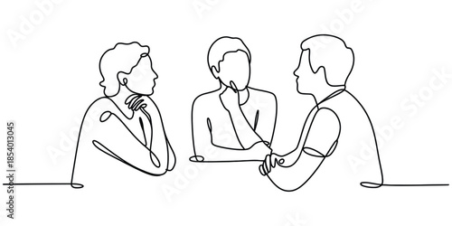 Continuous line art illustration of three people engaged in a thoughtful conversation or meeting