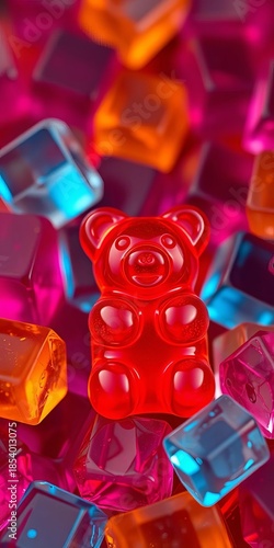 Gummy bear facets gleam against a sharp-edged, jewel-toned rhomboid arrangement, extreme depth of field highlighting chewy surfaces,  detail,  macro