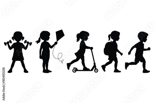 Silhouette depictions of children engaging in various playful physical activities
