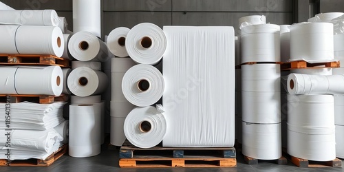 Large rolls of pristine white paper, neatly stacked on a pallet,  packaging,  wholesale
