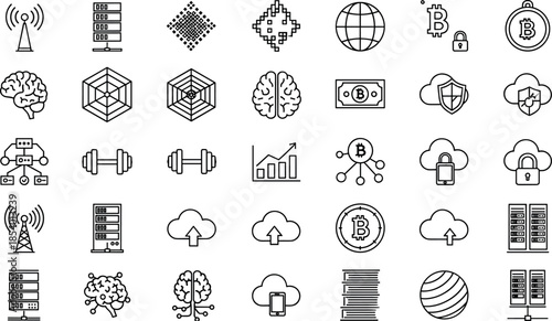 Technology and blockchain thin line icons set featuring data, cloud computing, artificial intelligence, cryptocurrency, servers, security, networking, and digital finance outline symbols