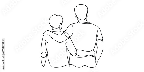 Continuous line drawing of two people from behind, one with an arm around the other's shoulder, symbolizing support and togetherness