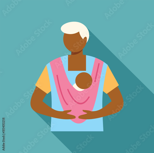 Parent carrying baby in a pink sling against a blue background