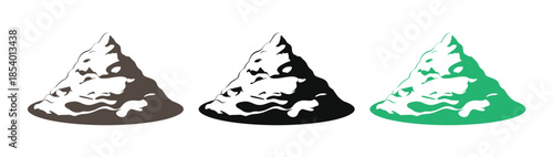 mountain peak range simple line art vector icon set.Three colorful mountain peaks in brown, black, and green hues.