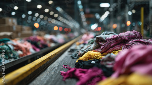Textile recycling facility for clothing fiber separation, sustainable fashion initiative, industrial plant processing discarded garments,  