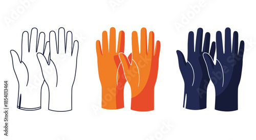 Collection of three pairs of gloves outlined, orange, and blue for versatile protection and utility