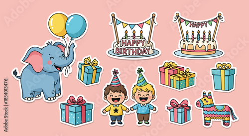 Cute cartoon birthday elements including elephant, cakes, gifts, balloons, and party hats