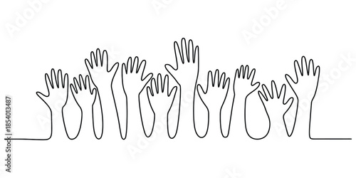 A group of diverse hands raised in unity, depicted in continuous line art style, symbolizing participation