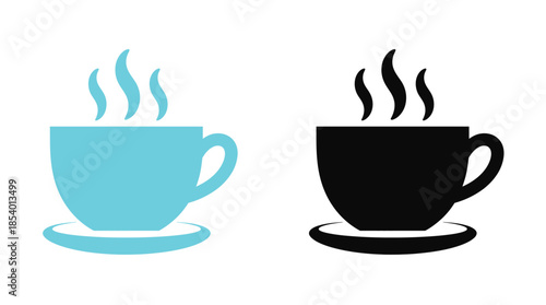 Coffee cup icon set. Cups of coffee tea collection. Hot drink icon. Disposable cup. Cup coffe with steam.Hot beverage icons in modern cyan and classic black.