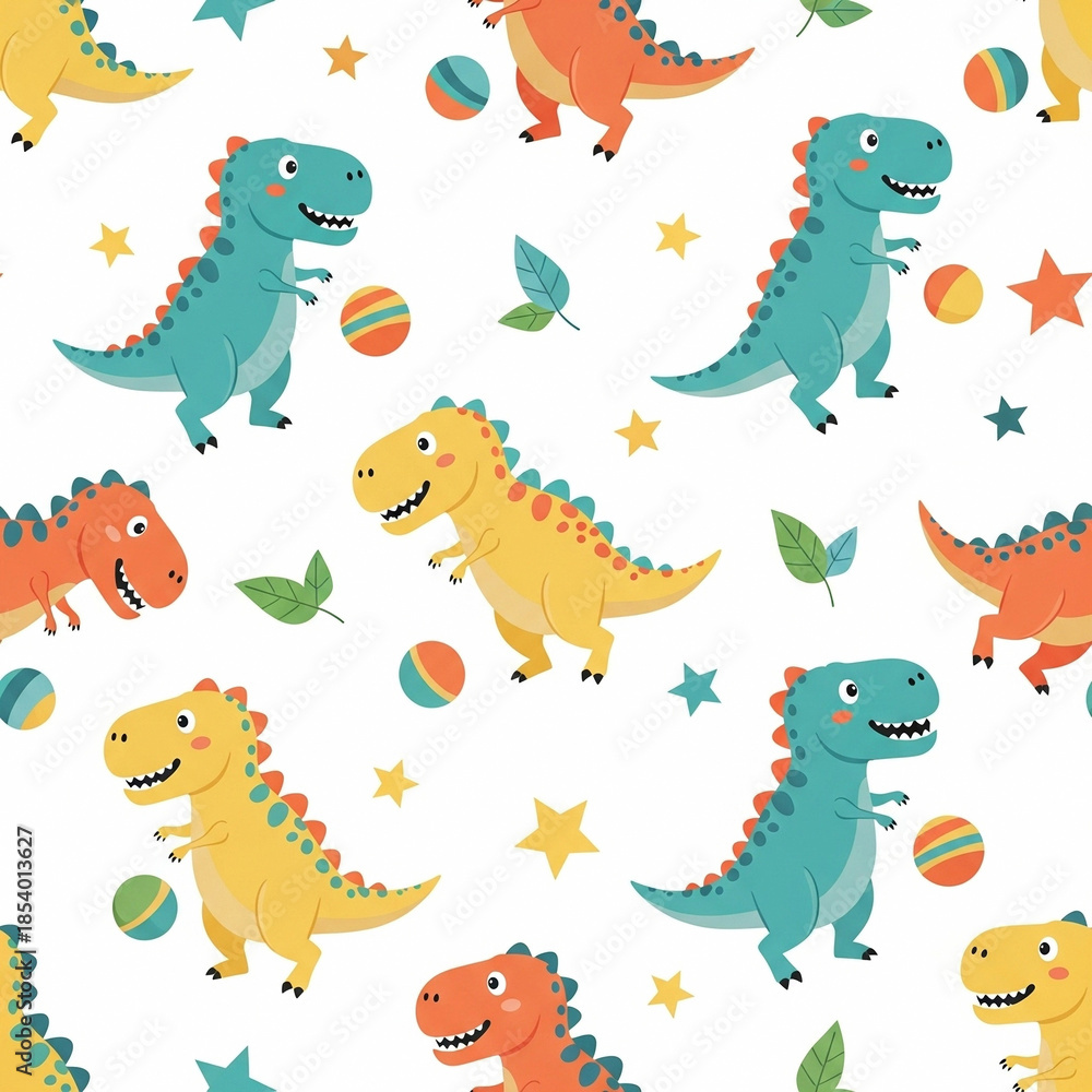 Naklejka premium colorful dinosaurs with balls and stars seamless pattern