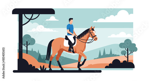 Equestrian journey A person enjoys a serene horseback ride through a picturesque landscape