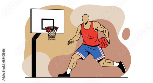 Dynamic illustration of a person playing basketball near a hoop