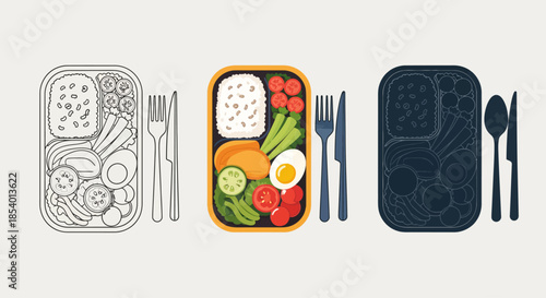 Three styles of bento box illustration outlined, colorful, and silhouette, showing healthy food and cutlery
