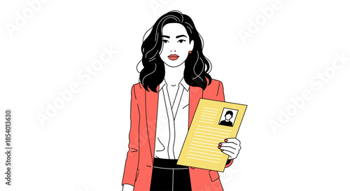 Professional woman holding a resume with her photo, highlighting career and employment opportunities