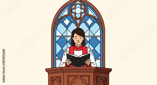 A person in religious attire stands within a pulpit reading a book under a stained glass window