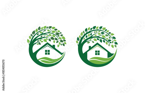 Eco-friendly house logo design. A stylized house logo within a circular leafy design. The overall feel is one of tranquility and connection with nature