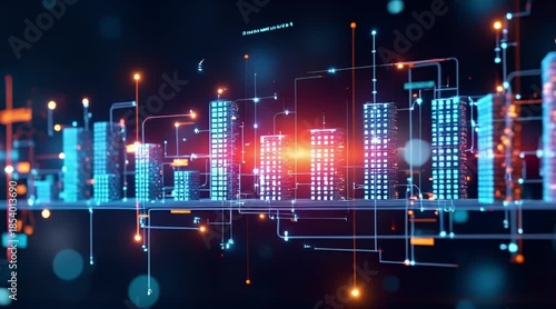 Smart city concept with digital skyscrapers connected by glowing data lines and network infrastructure representing modern technology and communication.