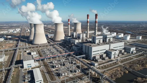 Wallpaper Mural Aerial view of a large thermal power plant emitting steam under a clear blue sky for energy production concept and industrial infrastructure Torontodigital.ca