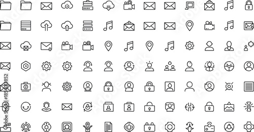 Web and communication thin line icons set featuring email, cloud storage, users, security, media, settings, files, and modern digital interface symbols