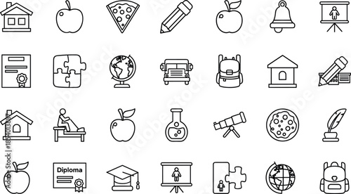 Education and learning thin line icons set featuring school, classroom, food, science, geography, study tools, certificates, and academic outline symbols