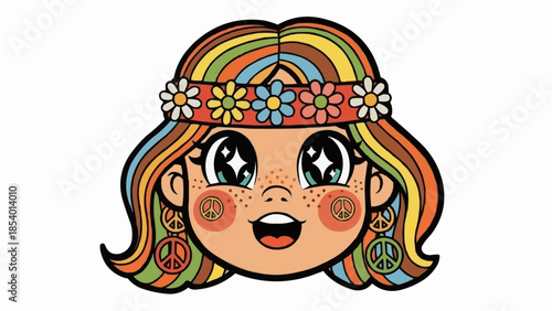 Colorful Cartoon Girl with Flower Headband.