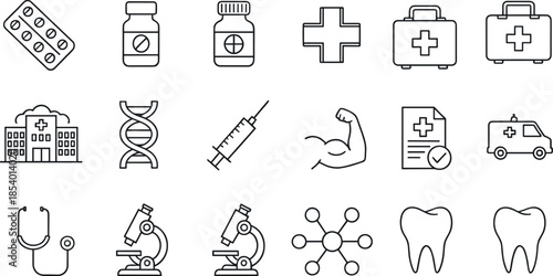 Medical and healthcare thin line icons set featuring hospital, medicine, diagnosis, laboratory, anatomy, emergency care, and professional health service outline symbols