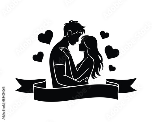 Black silhouette of a romantic couple embracing with hearts