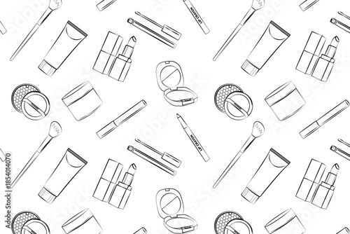 A minimalist, seamless pattern of black-and-white line-drawn makeup items including lipstick, cream jar, and powder compact on a clean white background.