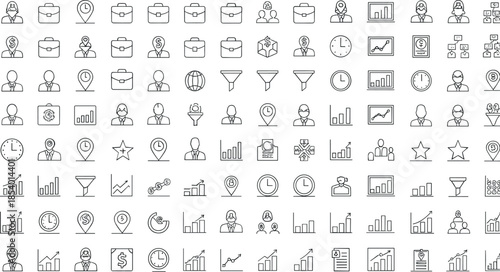 Business analytics and marketing thin line icons set featuring charts, statistics, users, locations, goals, reports, performance tracking, and data visualization symbols