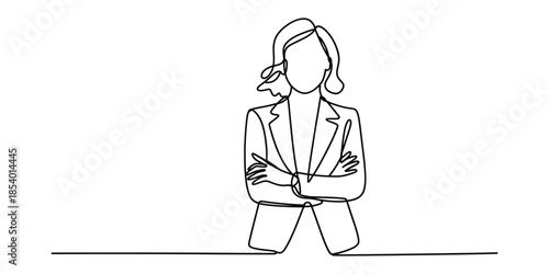 Minimalist continuous line drawing of a confident businesswoman with arms crossed