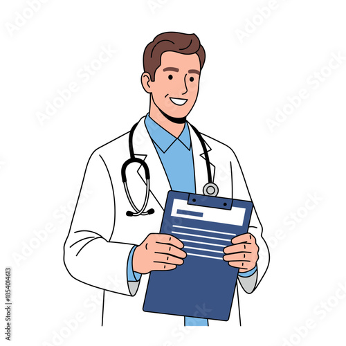Smiling male doctor holding medical records