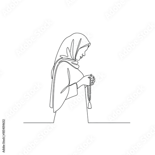 Elegant line art drawing of a woman in hijab praying
