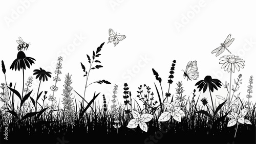 Black and White Wildflowers and Insects Silhouette.