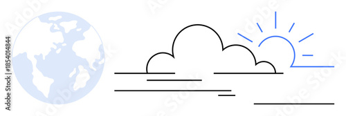 Earth alongside cloud and sun, representing global environment, weather, climate, ecology, sustainability, renewable energy, and nature. Ideal for eco-awareness education and future solutions