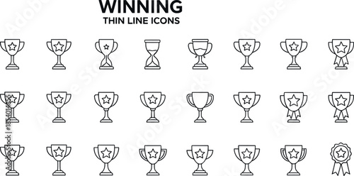 Winning trophy thin line icons set featuring awards, cups, medals, achievements, success symbols, and victory outline designs for business, sports, and celebration projects