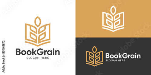 Creative simple book grain logo template. Book with wheat grain logo design vector illustration.