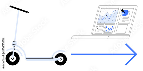 Sustainable mobility, technology innovation, data analytics, transportation efficiency, clean energy, digital progress. Electric scooter and laptop with charts and graphs. Sustainable mobility