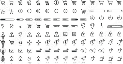 Ecommerce and shopping thin line icons set including cart, payment, currency, location, user account, security, settings, and online store interface symbols