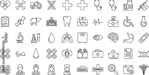 Comprehensive medical and healthcare thin line icons set featuring hospital, pharmacy, anatomy, diagnosis, emergency, laboratory, and health care outline symbols